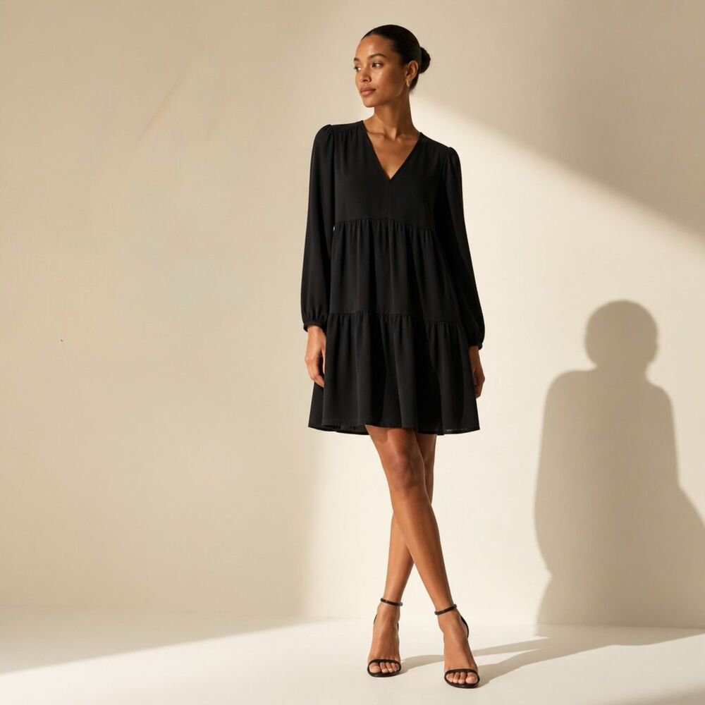NWT LOFT Outlet Black Tiered Mini Dress | Size S capsule normcore minimalist